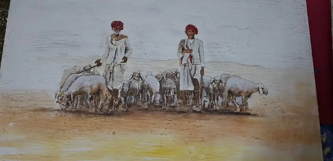 A painting of herd of sheep and two shephereds along with them