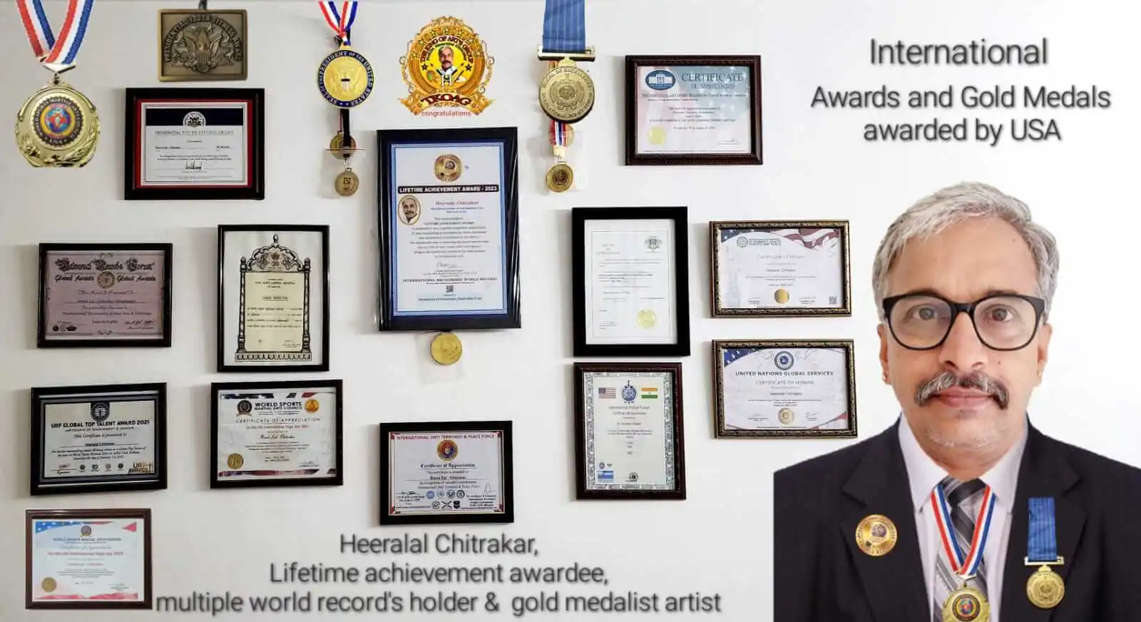 Profile picture of Heeralal Chitrakar along with a number of medals and awards hanged on wall behind