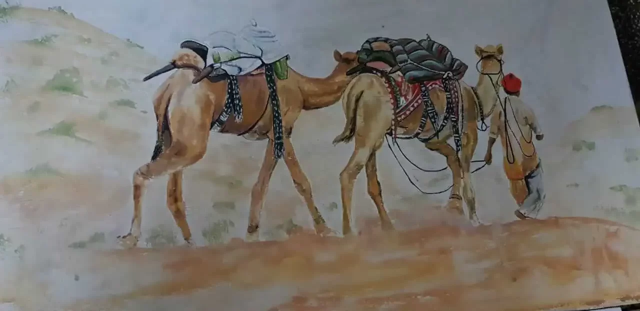 A painting of two camels and their master who is taking them on journey 