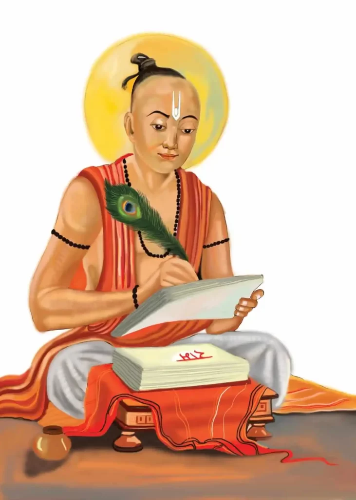 Shree Tulsidas Goswami who wrote Hanuman Chalisa, is sitting on floor and writing on paper using quill of peacock