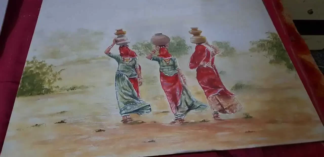 A painting of three village ladies with pots of water on their heads taking to home from a well