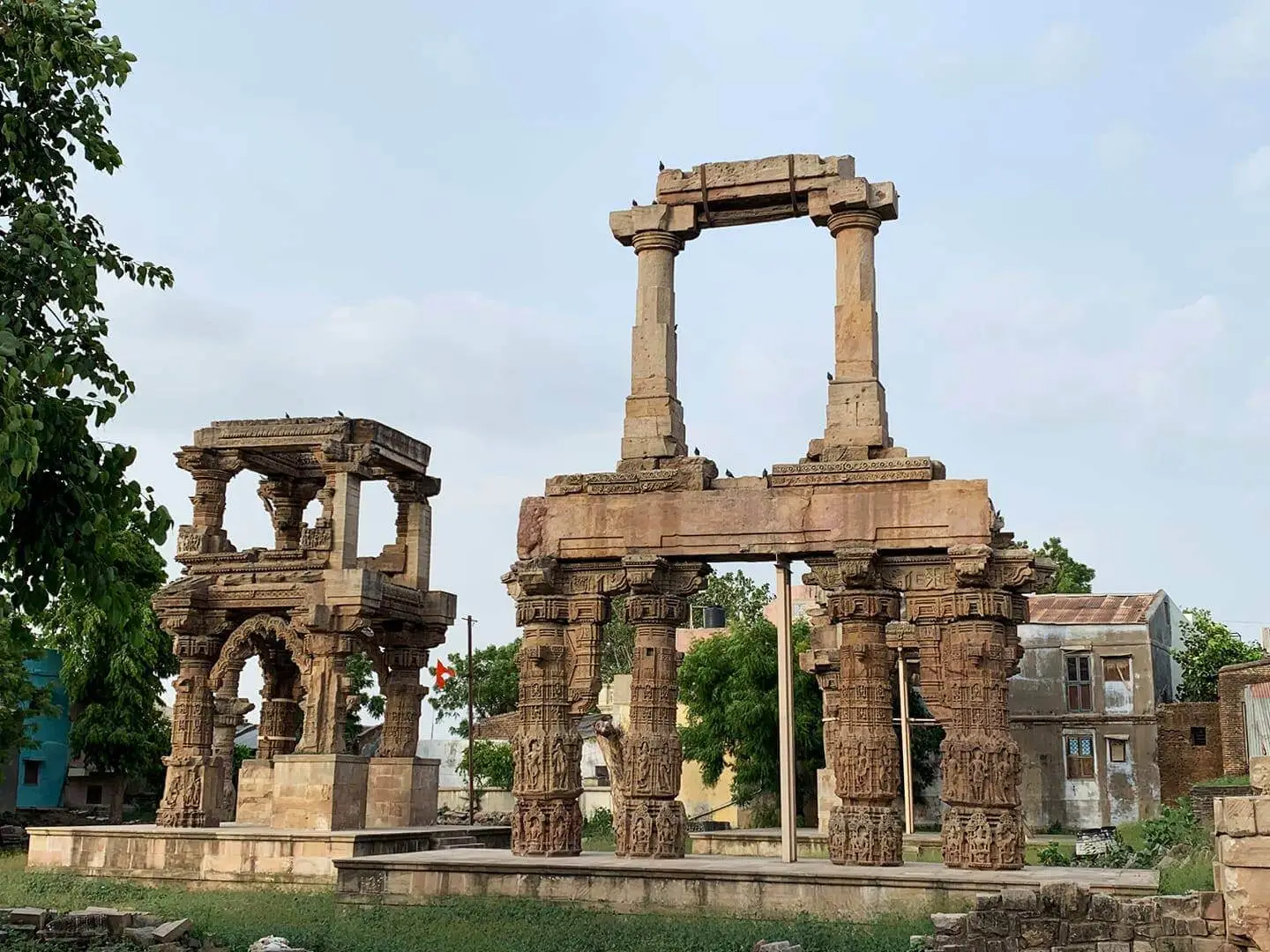 Ruins of Rudra Mahalaya Temple with some sandstone material pillars on site, this temple which was made by artisans including Suthar community during the reign of Siddharaja Jayasimha Solanki