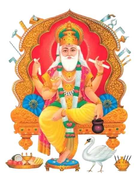 Vishwakarma God sitting on chair with carpentry tools in background to represents deity god of Suthar Samaj