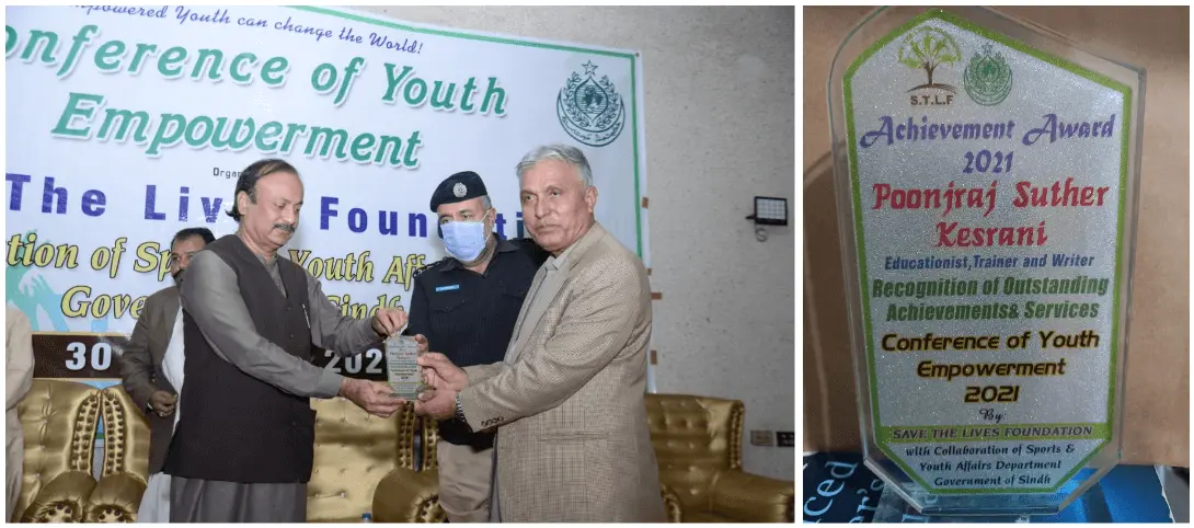 Poonjraj Kesrani receiving Achievement award from Save The Lives Foundation in Conference of Youth Empowerment in 2021