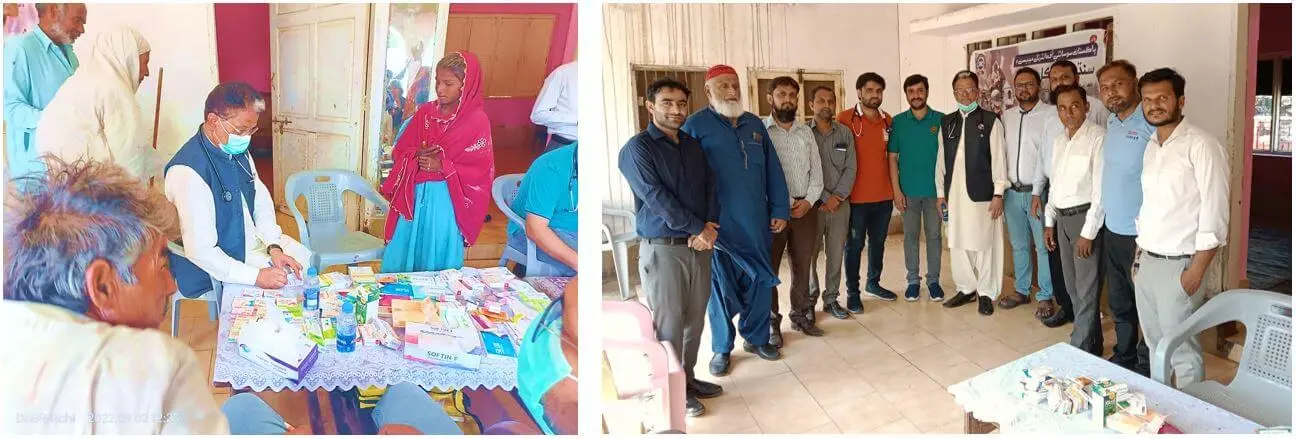Prof. Dr. Bekha Ram checking patient in left picture and in rihgt side picture dr. Devrajani standing along with a team who organized a free Medical Camp in the flood-hit area of Digri City, 2nd Sept. 2022